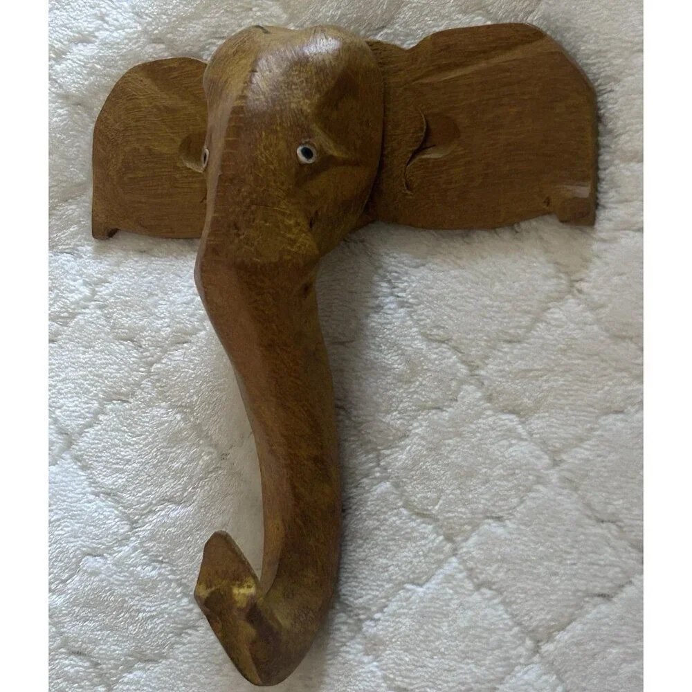 Vintage Hand Carved Wooden Elephant Coat Hook Primitive Art 6